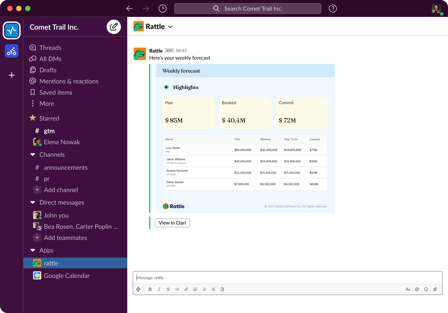 Clari forecast summary delivered to Slack via Rattle