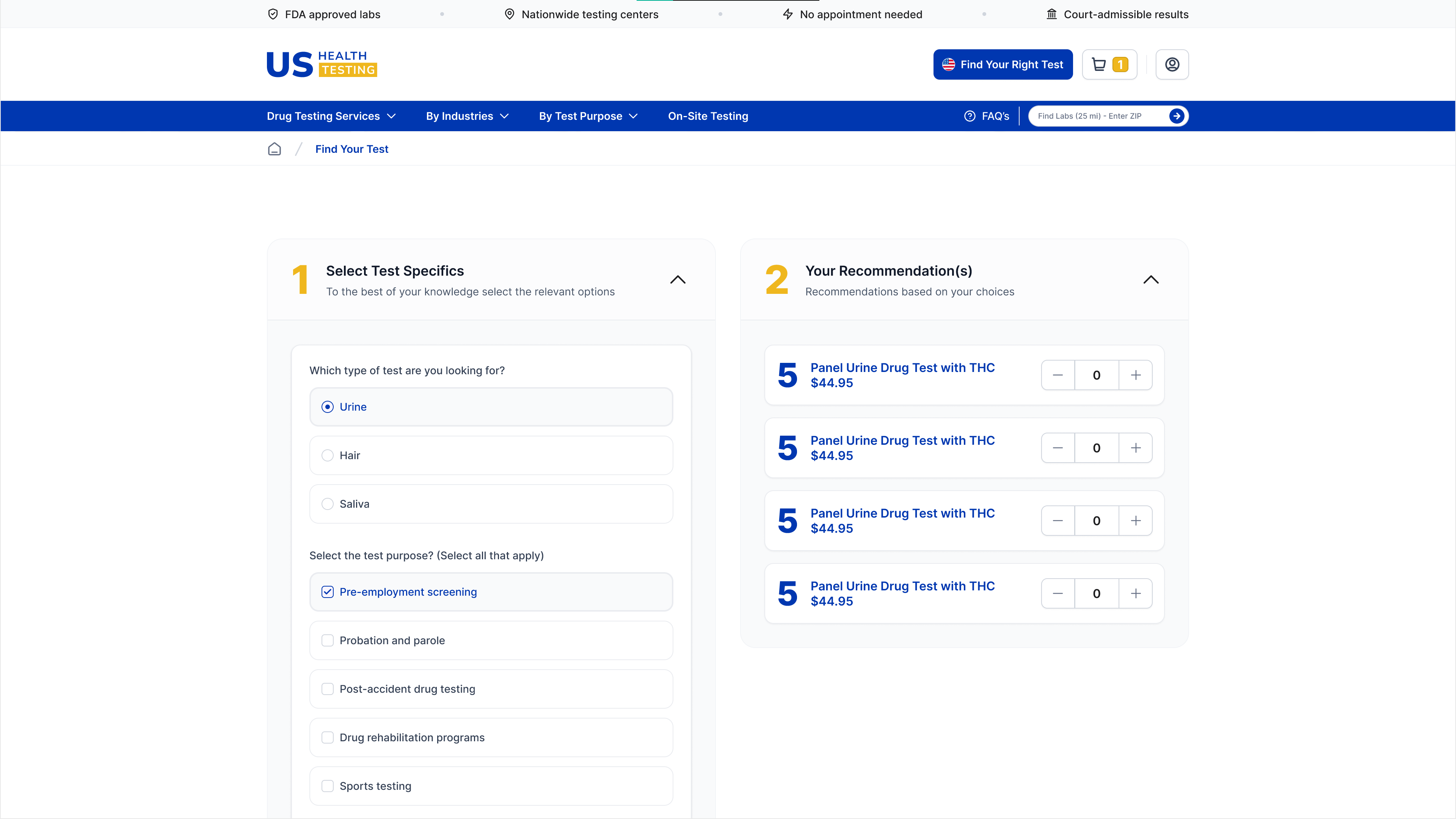 Guided test selection interface
