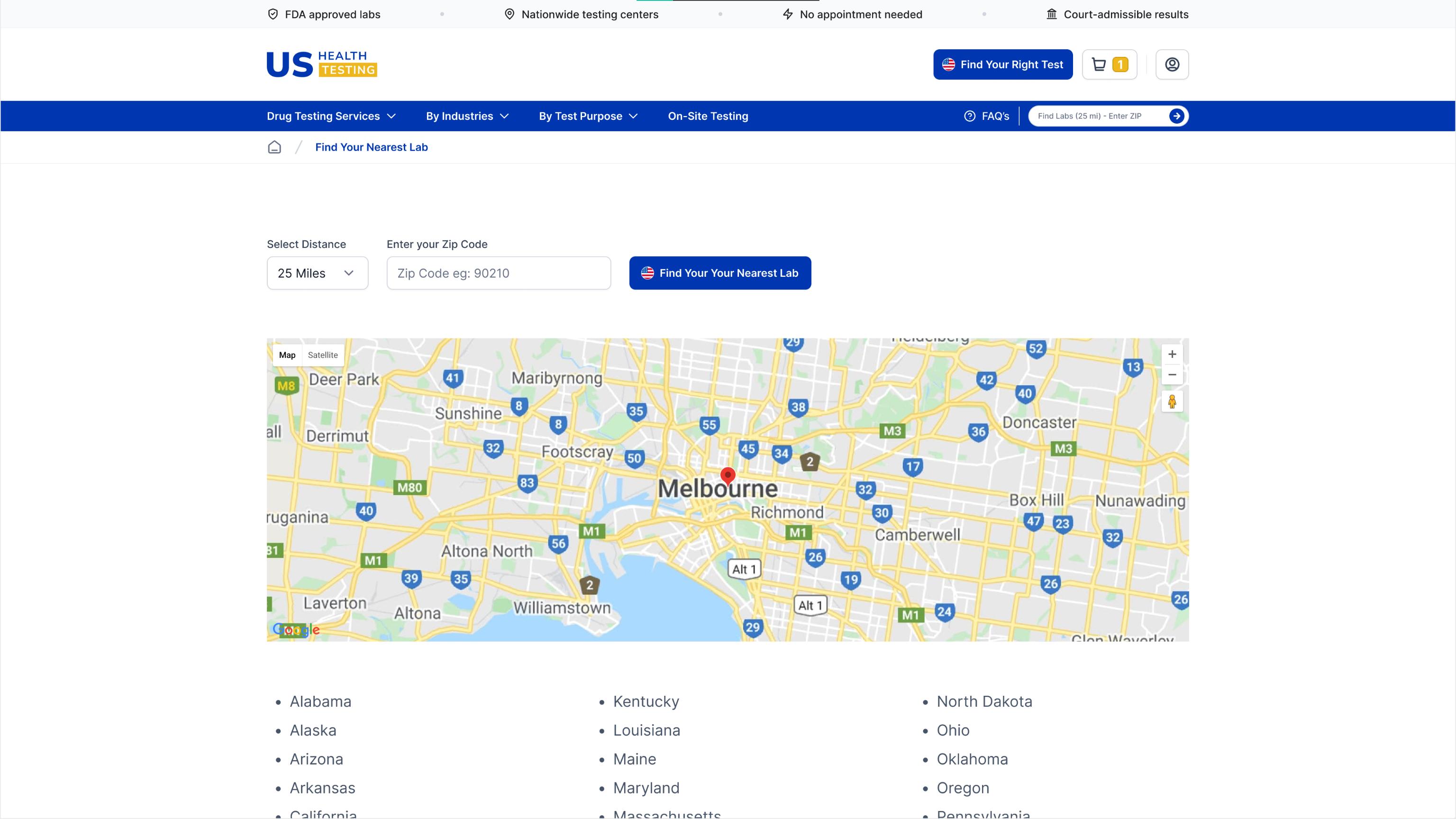 Zip code search for nearby testing locations